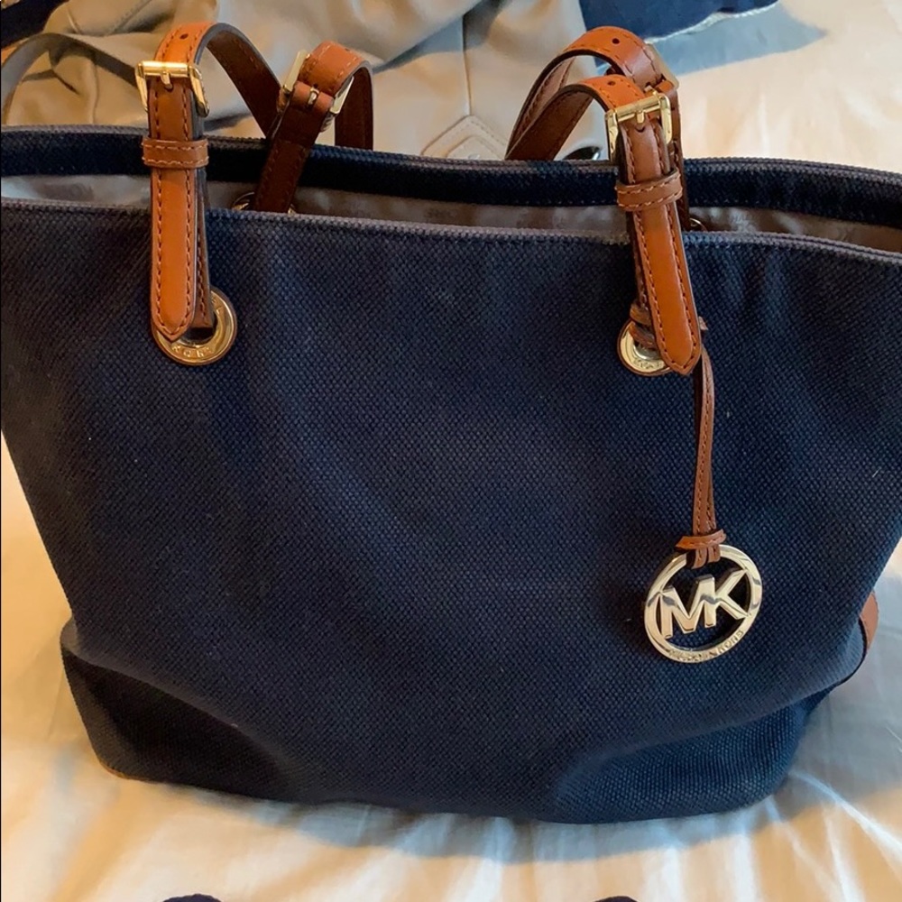 Navy Michael Kors Tote w/ Cognac Leather Straps